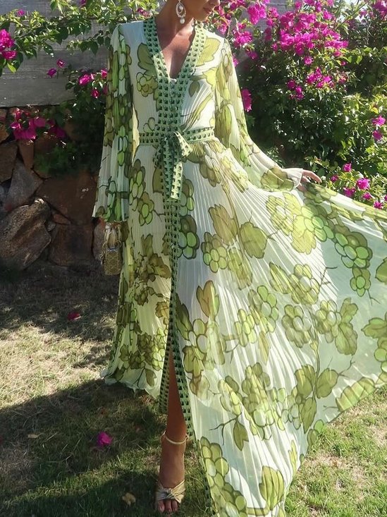 Floral Vacation Regular Fit Long Sleeve Maxi Dress With Belt