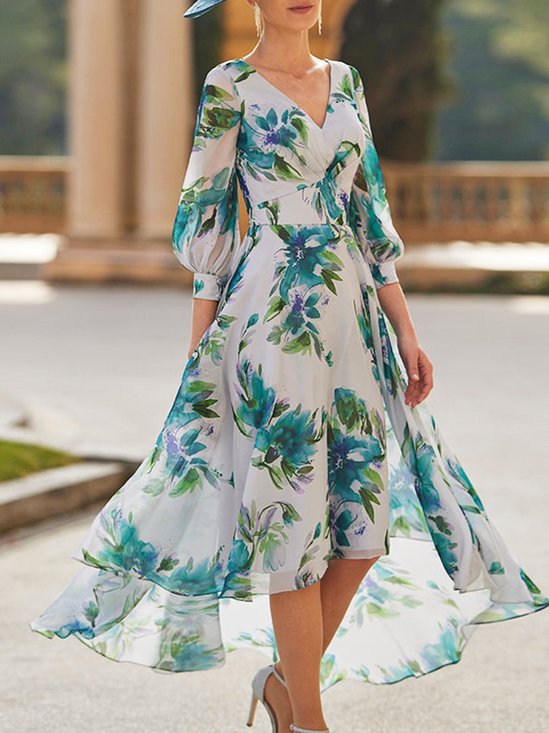 Elegant Floral  Regular Fit V Neck Maxi Dress