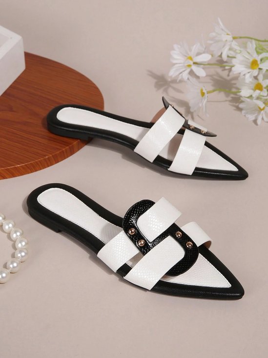 Black-white Color Block Weave Rivet Embossed Slide Sandals