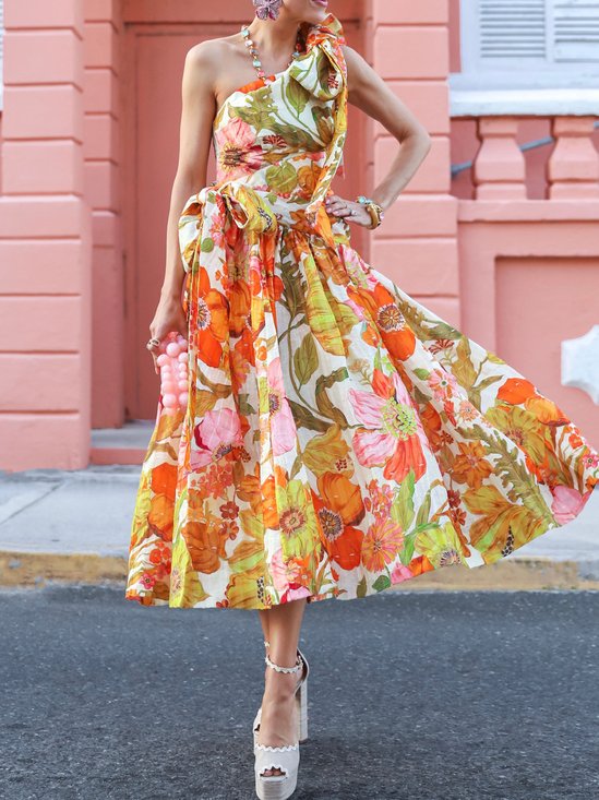 Floral Regular Fit Elegant One Shoulder Dress