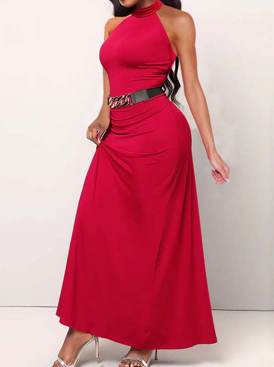 Regular Fit Elegant Plain Halter Sleeveless Maxi Dress With No Belt