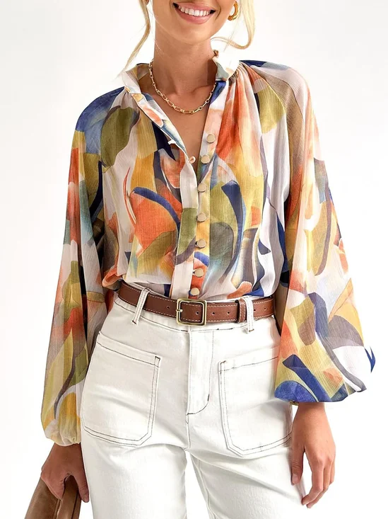 Vacation Loose Floral Stand Collar Blouse