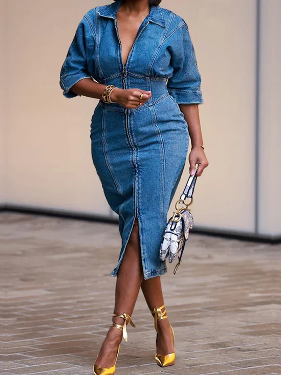 Micro-Elasticity Plain Shirt Collar Short Sleeve Urban Denim Midi Dress