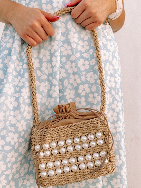 Imitation Pearls Vacation Drawstring Straw Crossbody Bag