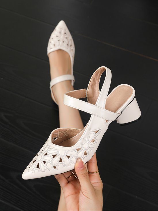 Elegant White Floral Embroidered Hollow Out Chunky Heel Slingback Pumps