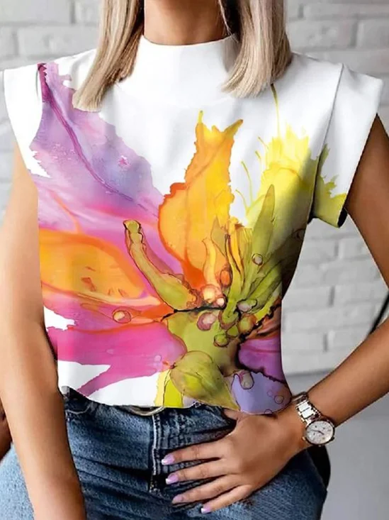 Casual Daily Stand Collar Floral T-Shirt