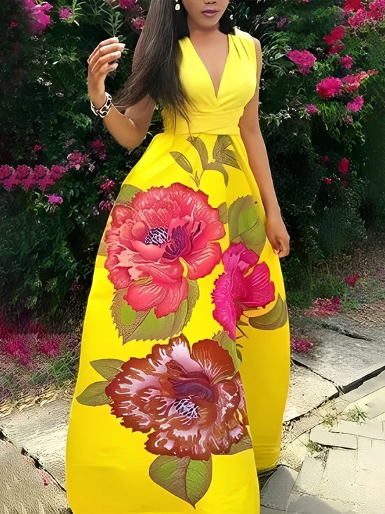 Elegant Floral V Neck Regular Fit Sleeveless Maxi Dress