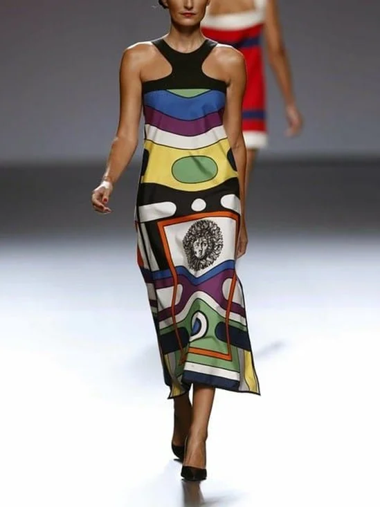 Abstract Graphic Halter Urban Midi Dress