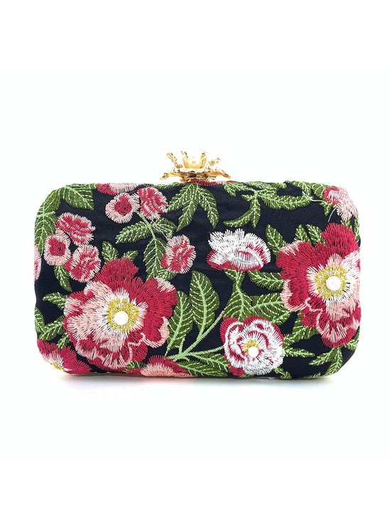 Elegant Floral Embroidery Beaded Clutch Bag Party Handbag with Crossbody Metal Chain Strap