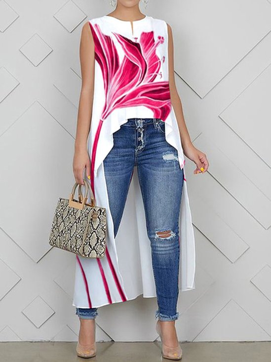 Loose Printing Casual Notched Tank Top