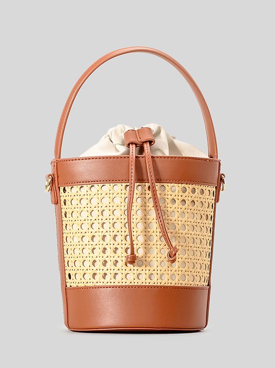 Hollow Out Woven Rattan Beach Bucket Bag Drawstring Design Shoulder Crossbody Handbag