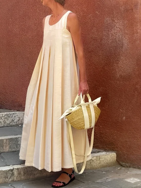 Daily Casual Plain Loose Crew Neck Pleated Dress