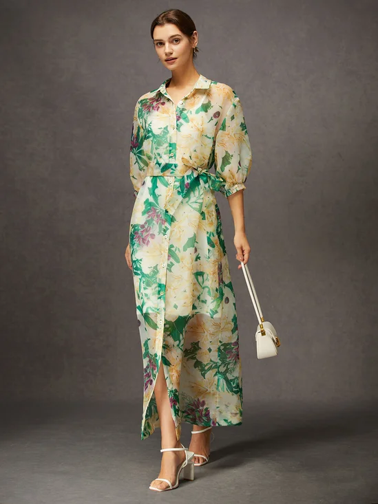 Vacation Floral Button-Front Chiffon Belted Maxi Shirt Dress