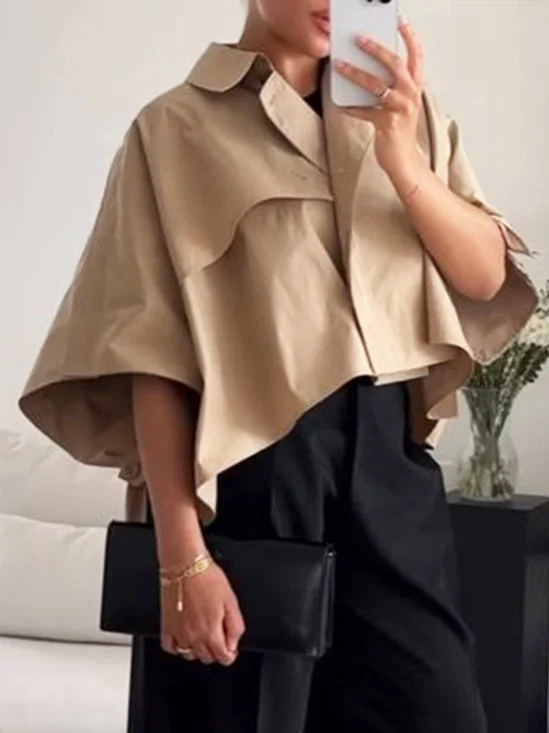 Plain Shirt Collar Loose Urban Blouse