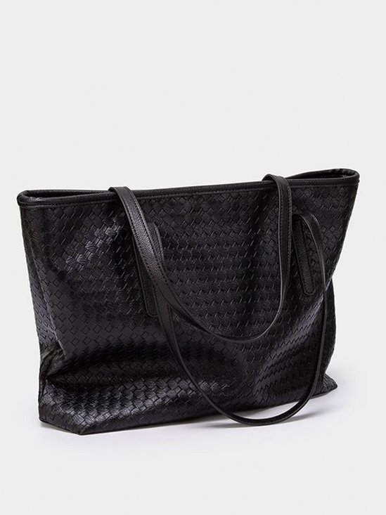 Minimalist Large Capacity Black Imitation Woven Embossed Tote Bag