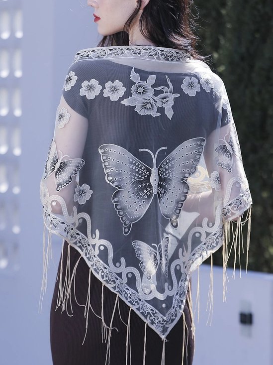 Butterfly Embroidery Fringed Lace Scarf Shawl