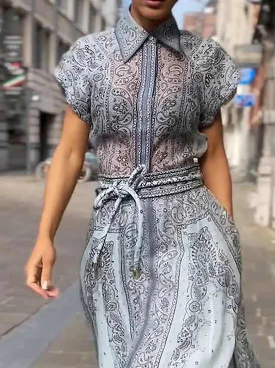 Paisley Urban Shirt Collar Short Sleeve Loose Blouse