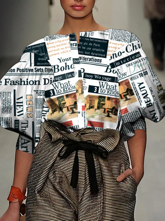 Regular Fit Boat Neck Urban Printing Blouse