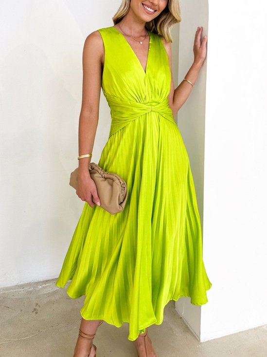 Plain Elegant V Neck Regular Fit Midi Dress