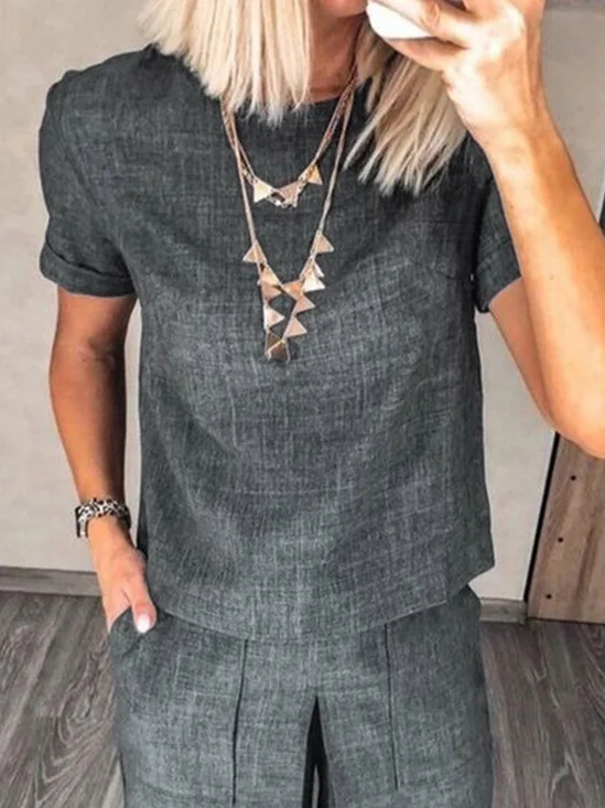 Daily Crew Neck Plain Casual Short Sleeve Shirt