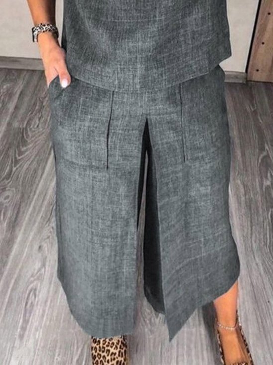 Casual High Waist  Pockets Capris Wide Leg Pants