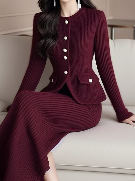 High Elasticity Crew Neck Buttoned Elegant Sweater Cardigan