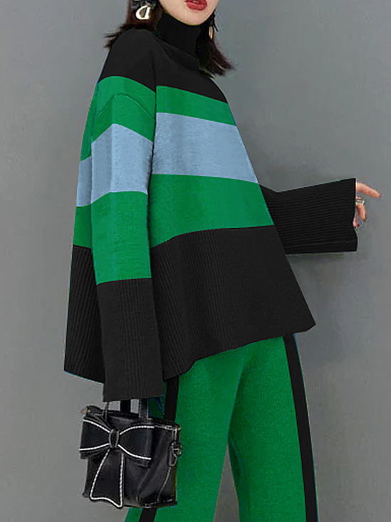 Casual Color Block Pocket Contrast Turtleneck Long Sleeve Two Pieces main image 1