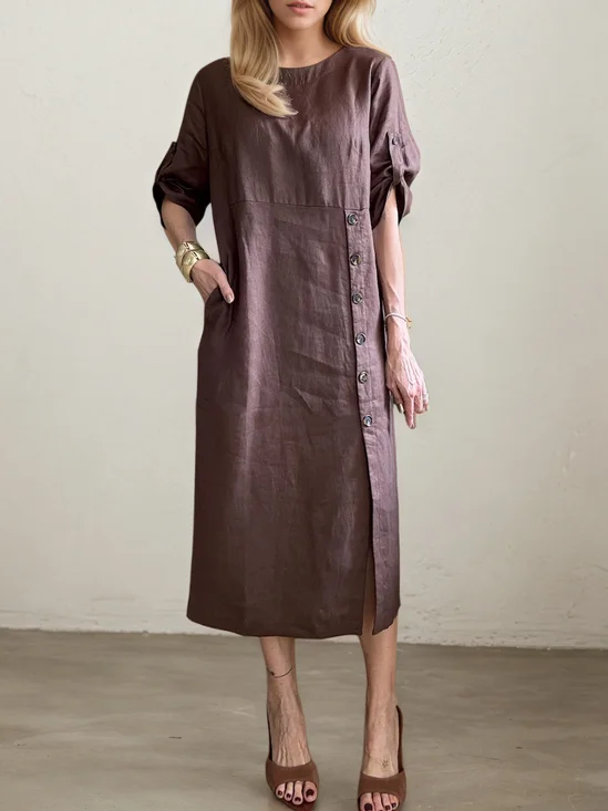 STYLE WE x CHILLINEN | Casual Plain Asymmetric linen-cotton Midi Dress