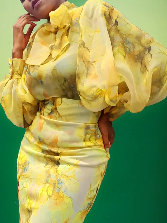 Elegant Floral Printing Balloon Sleeve Shirt