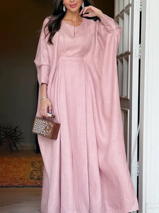 Cotton And Linen Elegant Plain Ruched Crew Neck Maxi Dress