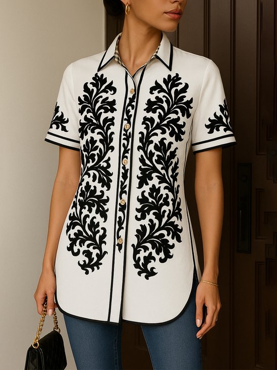 URBAN LUXURY Flowers Bow Neck Shirt - Beige main image 1