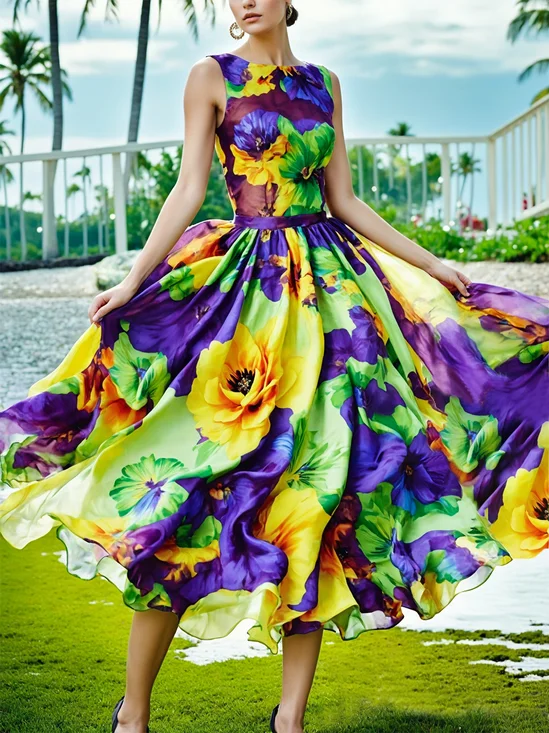 Elegant Floral Printing Crew Neck Midi Dress