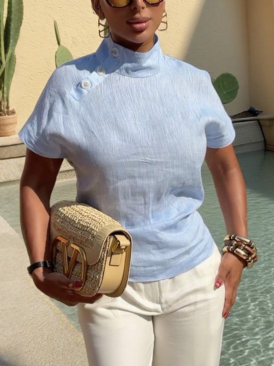 Cotton And Linen Casual Plain Buttoned Mock Neck Blouse