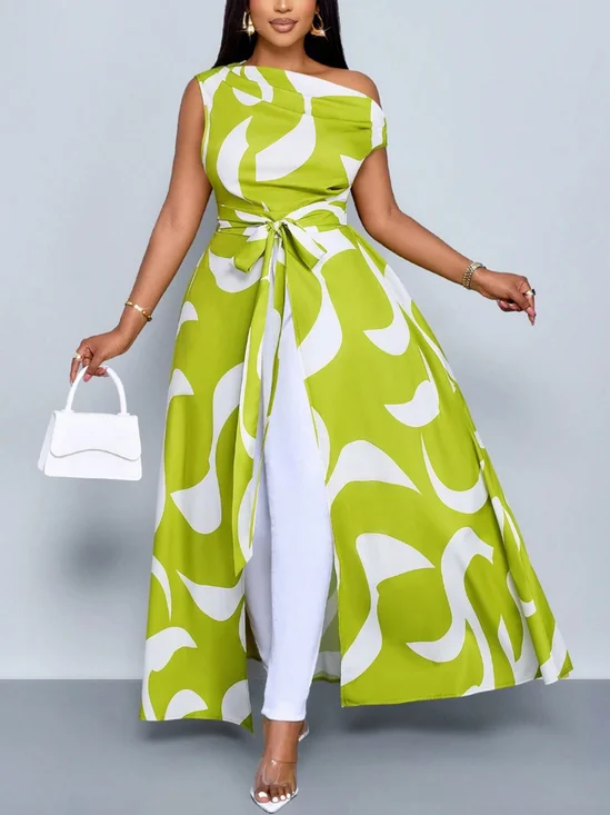 Elegant Random Print Printing Asymmetrical Blouse With Belt