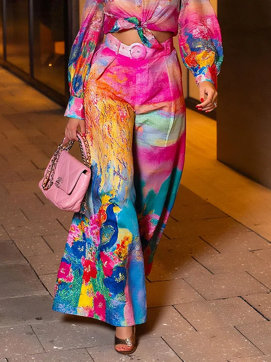 Elegant Floral Printing Wide Leg Pants With Belt