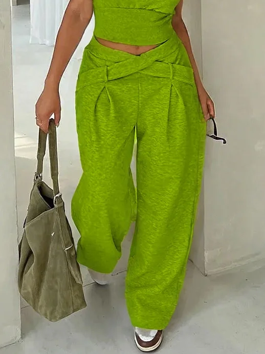 Casual Plain Pockets Cross Fashion Pants