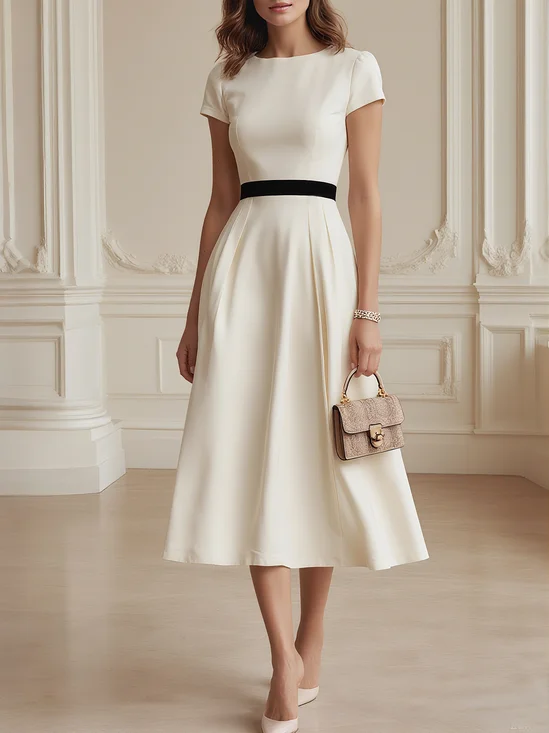 Elegant Color Block  Gathered Crew Neck Midi Dress