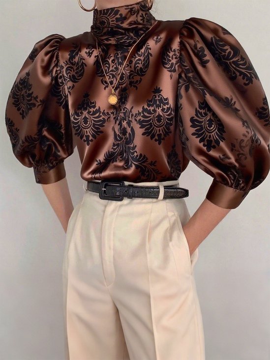 Satin Elegant Ethnic Printing Turtleneck Puff Sleeve Blouse