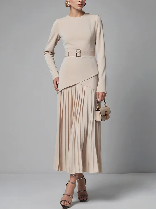 Elegant Plain Split Joint Pleated Crew Neck Maxi Dress With Belt