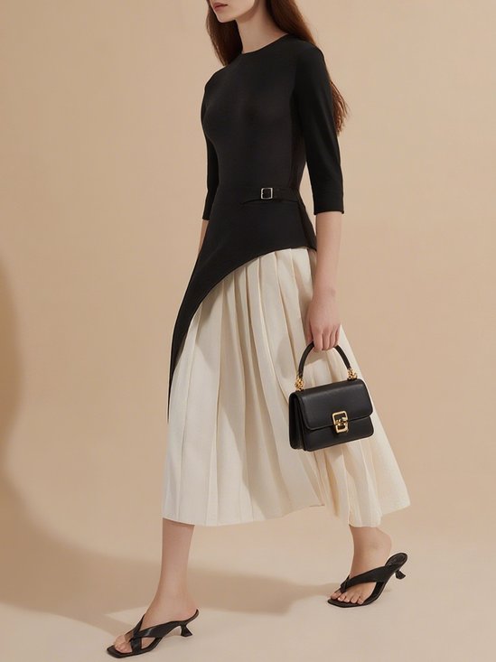 Elegant Color Block Pleated Split Joint Crew Neck Midi Dress