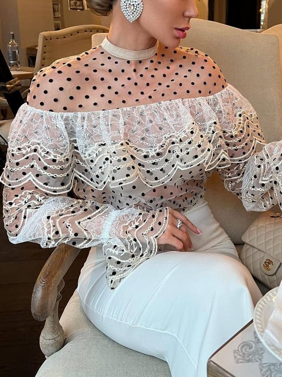 Urban Polka Dots Peplum Stand Collar Blouse