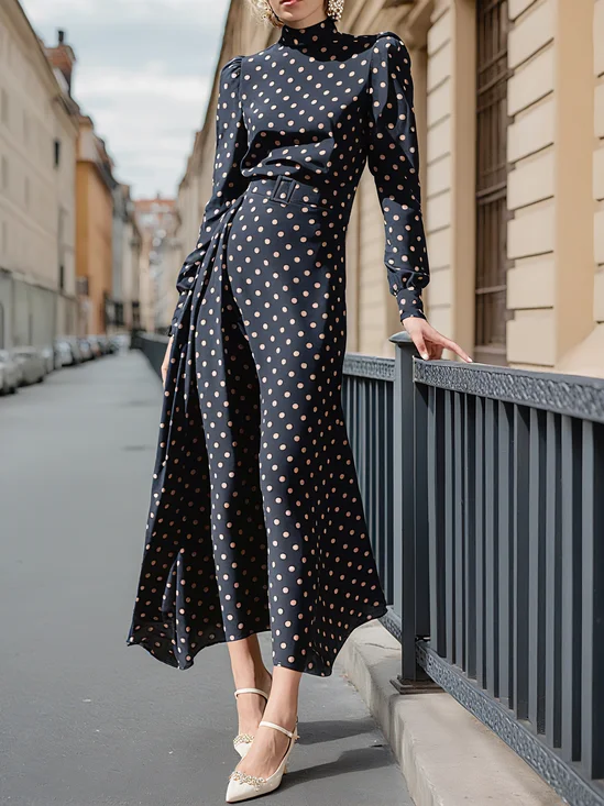 Polka Dots Elegant Regular Fit Dress With Belt