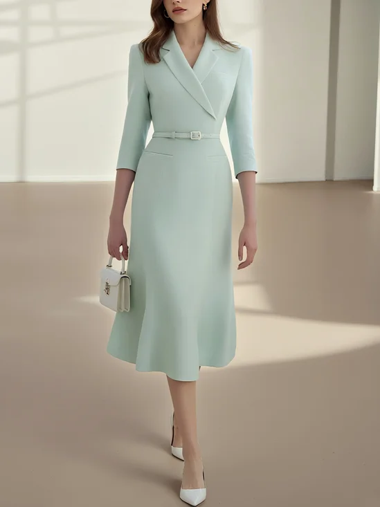 Elegant Plain Regular Sleeve Lapel Collar Midi Dress Belt