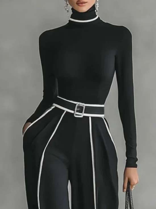 Casual Color-Block Turtleneck Tee