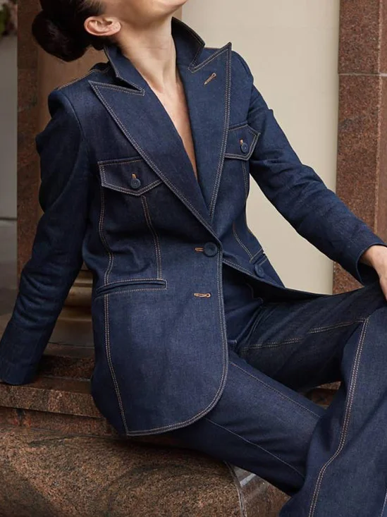 Urban Color Block Lapel Collar Denim Coat