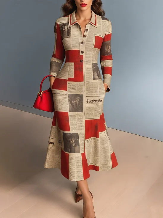 Casual Letter Pattern Printing Polo Collar Midi Dress