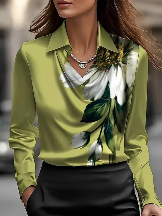 Plus Size Urban Floral Printing Shirt Collar Regular Sleeve Blouse