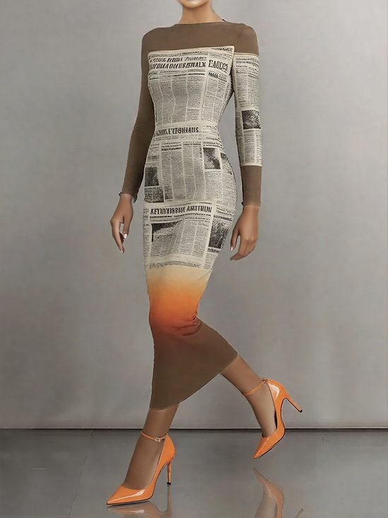 Elegant Newspaper Printing Boat Neck Maxi Dress