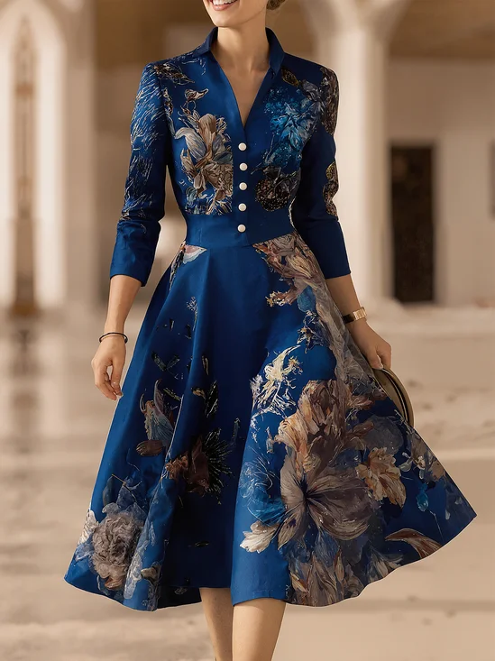Elegant Floral Stand Collar Midi Dress