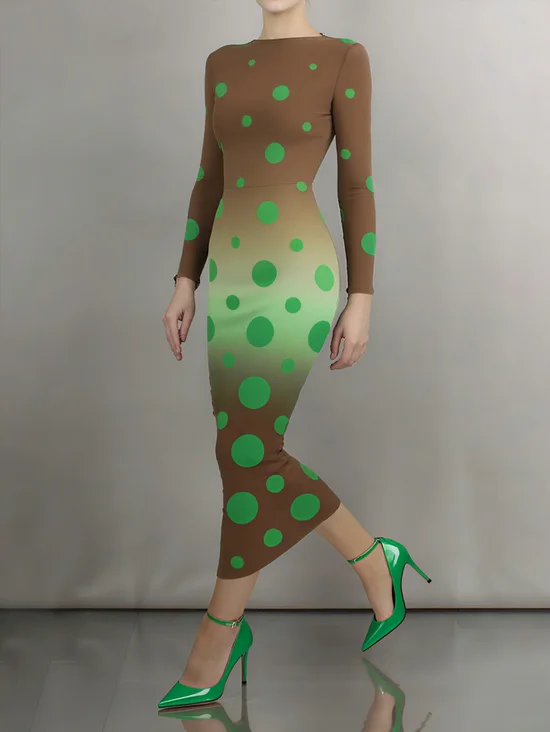 Plus Size Elegant Polka Dots Balloon Sleeve Printing Boat Neck Maxi Dress